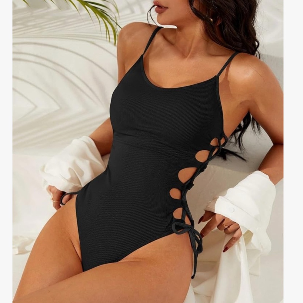 Elegant Black Lace-Up One-Piece Swimsuit